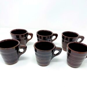 Set of 6 Vintage USA Brown Stoneware Square Handle Embossed Glazed Coffee Mugs
